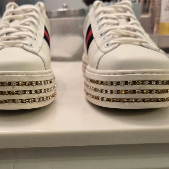 Gucci Women’s Ace Embellished Crystal White Sneakers 37 - Picture 7 of 9